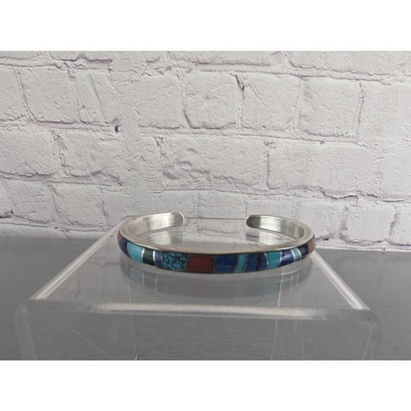 Navajo Sterling Inlaid Stone BGM Cuff Bracelet Signed Lilly Tom - Picture 1 of 4